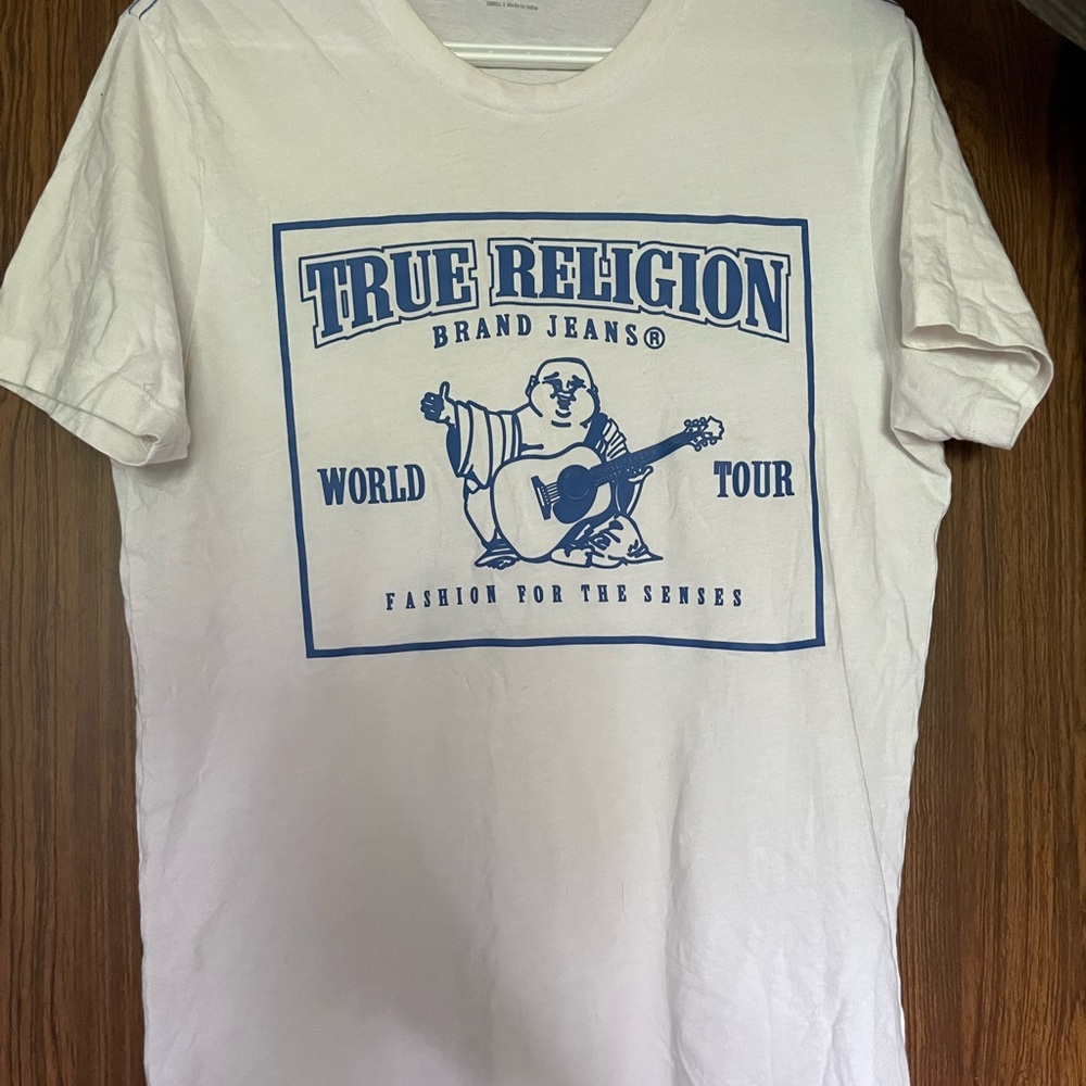 True Religion White and Blue Short Sleeve Tee